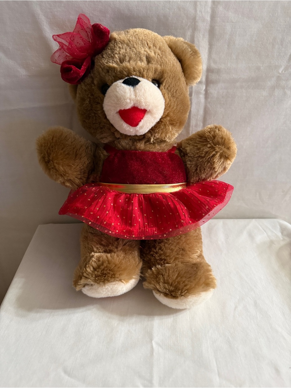 Plush Brown Teddy Bear in Red Dress for Kids